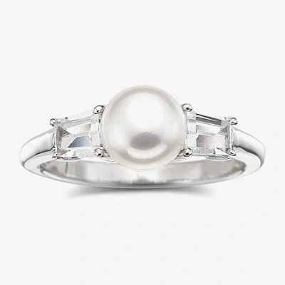 Fine Jewelry Cultured Freshwater Pearl & Lab-created White Sapphire 3-stone Ring In Sterling Silver In Transparent