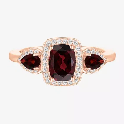 Fine Jewelry Womens Genuine Red Garnet 14k Gold Over Silver Oval Halo Side Stone Stackable Ring In Burgundy