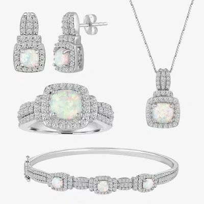 Fine Jewelry Lab-created Opal And Cubic Zirconia Pure Silver Over Brass 4pc Set In Transparent