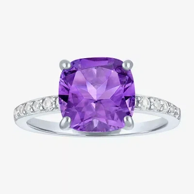 Fine Jewelry Womens Lab Created Gemstone Sterling Silver Side Stone Solitaire Cushion Cocktail Ring In Purple