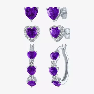 Fine Jewelry Gemstone Sterling Silver Heart 3 Pair Earring Set In Purple