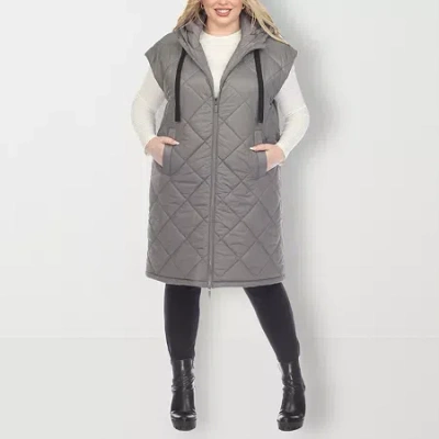 White Mark Womens Plus Hooded Lightweight Puffer Vest In Gray