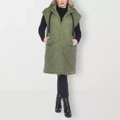 White Mark Womens Plus Hooded Lightweight Puffer Vest In Green