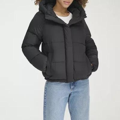 Dockers Womens Hooded Water Resistant Midweight Puffer Jacket In Black