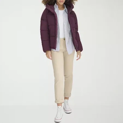 Dockers Womens Hooded Water Resistant Midweight Puffer Jacket In Brown