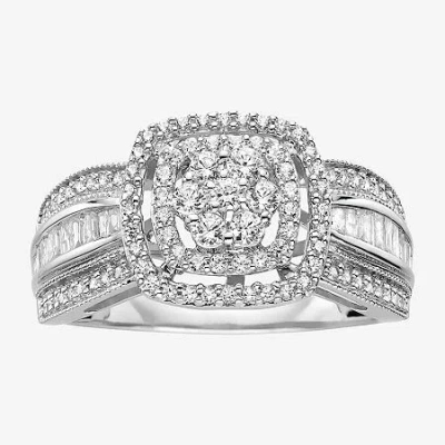 Fine Jewelry 3/4 Ct.t.w. Natural Diamond 10k White Gold Cluster Milgrain Ring In Transparent