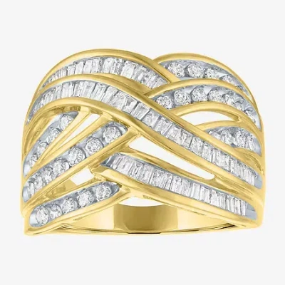 Fine Jewelry Womens 1 Ct. T.w. Natural White Diamond 10k Gold Crossover Cocktail Ring In Yellow