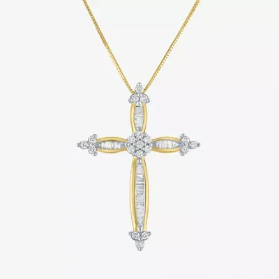Fine Jewelry Diamond Blossom Womens 1/3 Ct. T.w. Natural White Diamond 10k Gold Cross 18 Inch Pendant Necklace In Transparent