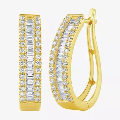 Fine Jewelry (g/si2) Womens 1 Ct. T.w. Lab Grown White Diamond 10k Gold 23.3mm Hoop Earrings In Yellow