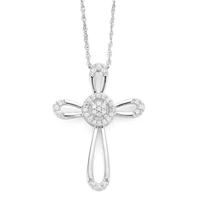 Fine Jewelry Diamond Blossom 1/10 Ct.t.w. Diamond 10k White Gold Cross Pendant Necklace In Transparent
