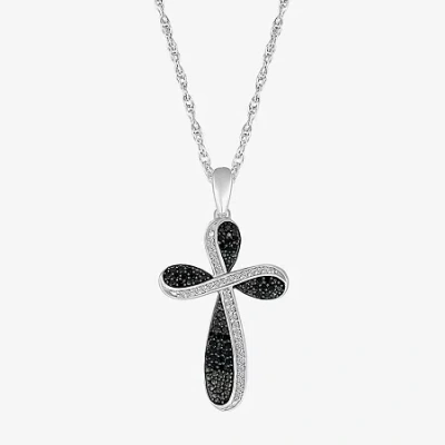Fine Jewelry Womens 1/4 Ct. T.w. Natural Black Diamond 14k White Gold Cross 18 Inch Pendant Necklace In Transparent