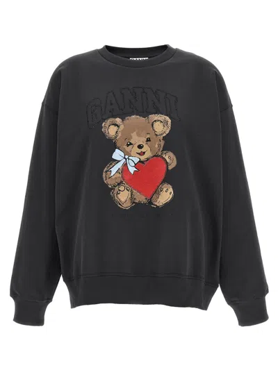 Ganni Crewneck Sweatshirt Bear Graphic Rhinestones Message In Black