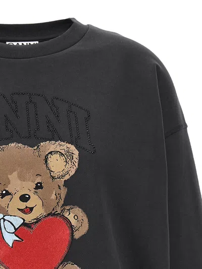 Ganni Crewneck Sweatshirt Bear Graphic Rhinestones Message In Black