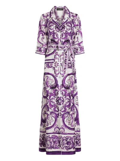 Dolce & Gabbana Printed Midi Dress Detachable Belt Waist In Purple