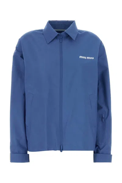 Miu Miu Tech Fabric Collared Windbreaker Jacket Long Sleeves In Blue