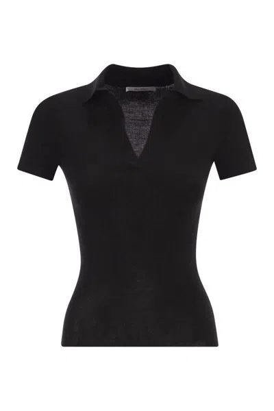 Max Mara Mxmalbero - Ribbed Wool Polo Shirt In Black