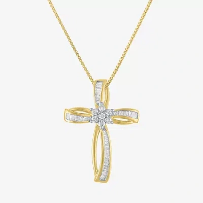 Fine Jewelry Diamond Blossom Womens 1/3 Ct. T.w. Natural White Diamond 10k Gold Cross 18 Inch Pendant Necklace In Transparent