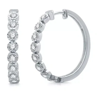 Fine Jewelry Womens 1 Ct. T.w. Natural White Diamond 10k White Gold 26.3mm Hoop Earrings In Transparent