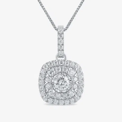 Fine Jewelry Womens 1 Ct. T.w. Lab Grown White Diamond 10k White Gold Cushion 18 Inch Pendant Necklace In Transparent