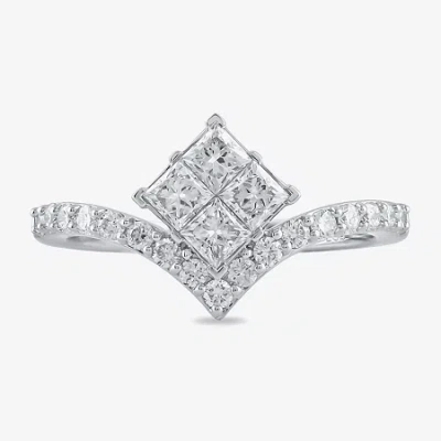 Fine Jewelry Womens 1 Ct. T.w. Lab Grown White Diamond 10k White Gold Side Stone Cocktail Ring In Transparent