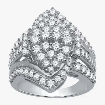 Fine Jewelry (h-i / I1) Womens 2 Ct. T.w. Lab Grown White Diamond 10k White Gold Cluster Cocktail Ring In White
