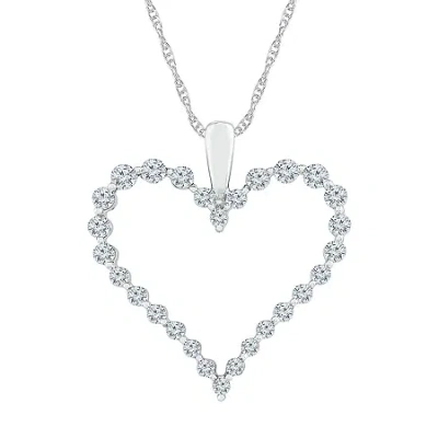Fine Jewelry Womens 1 Ct. T.w. Natural White Diamond 10k White Gold Heart 18 Inch Pendant Necklace In Transparent