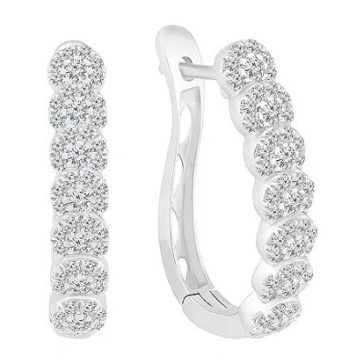 Fine Jewelry Womens 1 Ct. T.w. Natural White Diamond 10k White Gold 24mm Hoop Earrings In Transparent