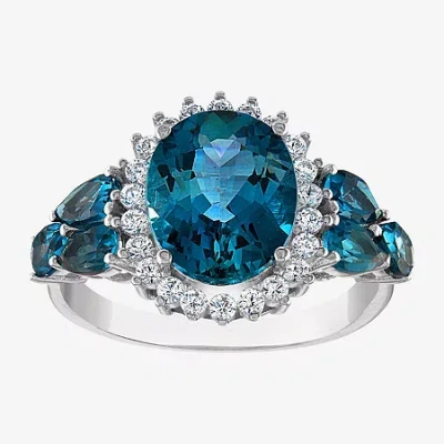 Fine Jewelry Womens Genuine Blue Topaz Sterling Silver Oval Halo Cocktail Ring In Blue