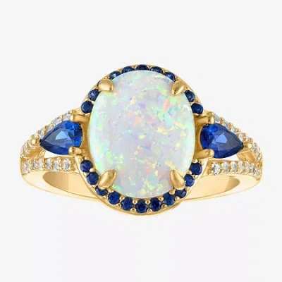 Fine Jewelry Womens Lab Created White Opal 14k Gold Over Silver Oval Halo Cocktail Ring In Transparent