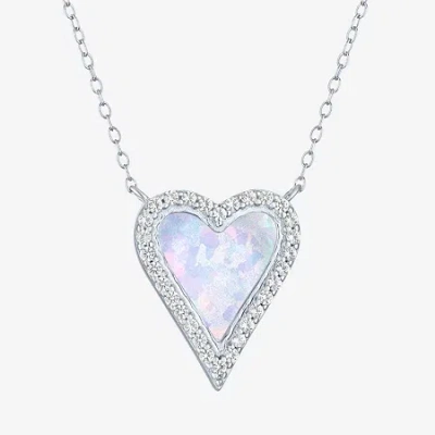 Fine Jewelry Womens Lab Created White Opal Sterling Silver Heart 16 Inch Pendant Necklace In Transparent