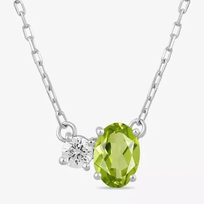 Fine Jewelry Toi Et Moi Womens Genuine Gemstone & 1/10 Ct. T.w. Lab Grown Diamond 10k White Gold Oval Pendant Nec In Green