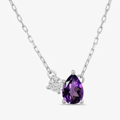 Fine Jewelry Toi Et Moi Womens Genuine Gemstone & 1/10 Ct. T.w. Lab Grown Diamond 10k White Gold Pear Pendant Nec In Purple