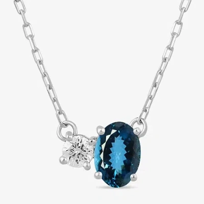 Fine Jewelry Toi Et Moi Womens Genuine Gemstone & 1/10 Ct. T.w. Lab Grown Diamond 10k White Gold Oval Pendant Nec In Blue