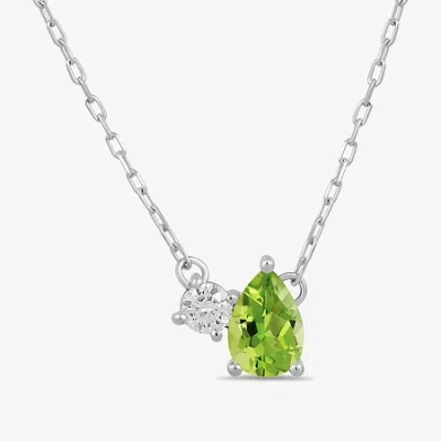 Fine Jewelry Toi Et Moi Womens Genuine Gemstone & 1/10 Ct. T.w. Lab Grown Diamond 10k White Gold Pear Pendant Nec In Green