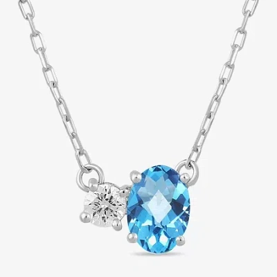 Fine Jewelry Toi Et Moi Womens Genuine Gemstone & 1/10 Ct. T.w. Lab Grown Diamond 10k White Gold Oval Pendant Nec In Blue