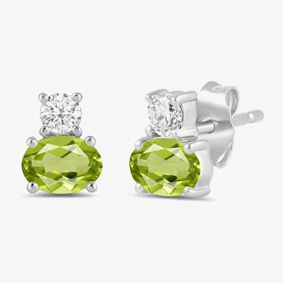Fine Jewelry Toi Et Moi Genuine Gemstone & 1/5 Ct. T.w. Lab Grown Diamond 10k White Gold 7.2mm Oval Stud Earrings In Green
