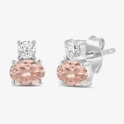 Fine Jewelry Toi Et Moi Genuine Gemstone & 1/5 Ct. T.w. Lab Grown Diamond 10k White Gold 7.2mm Oval Stud Earrings In Pink