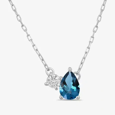 Fine Jewelry Toi Et Moi Womens Genuine Gemstone & 1/10 Ct. T.w. Lab Grown Diamond 10k White Gold Pear Pendant Nec In Blue