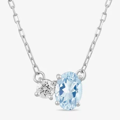 Fine Jewelry Toi Et Moi Womens Genuine Gemstone & 1/10 Ct. T.w. Lab Grown Diamond 10k White Gold Oval Pendant Nec In Blue