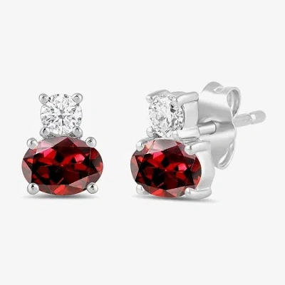 Fine Jewelry Toi Et Moi Genuine Gemstone & 1/5 Ct. T.w. Lab Grown Diamond 10k White Gold 7.2mm Oval Stud Earrings In Burgundy