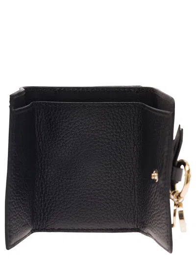 Chloé Women 'alphabet' Black Tri-fold Wallet With Charm And Leather Link In Grainy Leather Woman In Multi