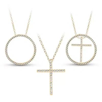 Fine Jewelry 18k Gold Over Silver 3-in-1 Cubic Zirconia Circle Cross Necklace In Transparent