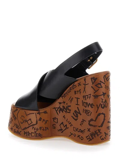 Chloé Women 'maxime' Black Wedges With High Embossed High Wedge Heel And Crossover Strap On The Toe  In Multi