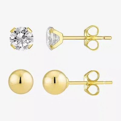 Fine Jewelry 10k Yellow Gold Ball & Cubic Zirconia Stud Earring Set In Transparent