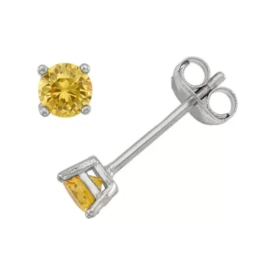 Fine Jewelry Lab Created Yellow Cubic Zirconia Sterling Silver 4mm Stud Earrings In Metallic