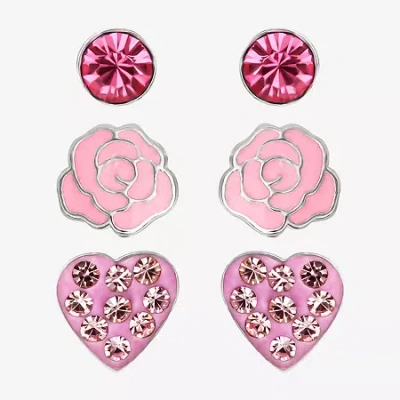 Fine Jewelry Girls Pink Crystal Sterling Silver Flower Heart Round 3 Pair Earring Set In Pink