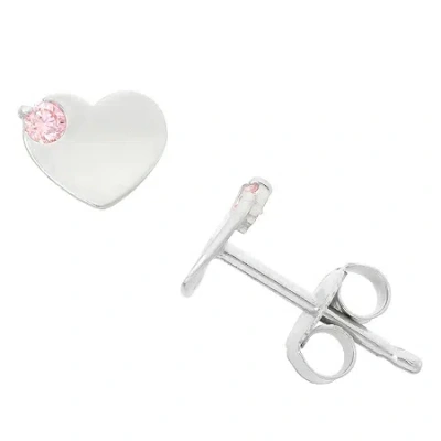 Fine Jewelry Pink Cubic Zirconia Sterling Silver 6.9mm Heart Stud Earrings In Metallic