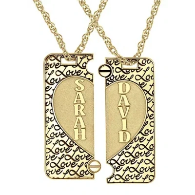 Fine Jewelry "love" Personalized Sterling Silver 2-pc. Couples Name Broken Heart Dog Tag Pendant Necklace Set In Yellow