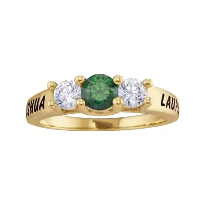 Fine Jewelry Personalized Simulated Birthstone And Cubic Zirconia 3-stone Engraved Ring In Yellow
