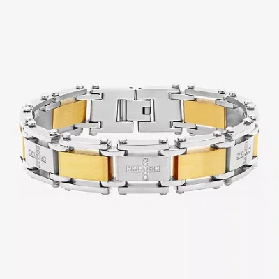 Fine Jewelry Mens 1/4 Ct. T.w. Diamond Cross Two-tone Stainless Steel Link Bracelet In Multi